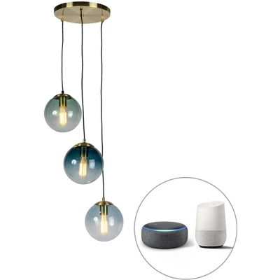 Afbeelding van QAZQA Smart hanglamp messing incl. 3 WiFi ST64 met blauw glas