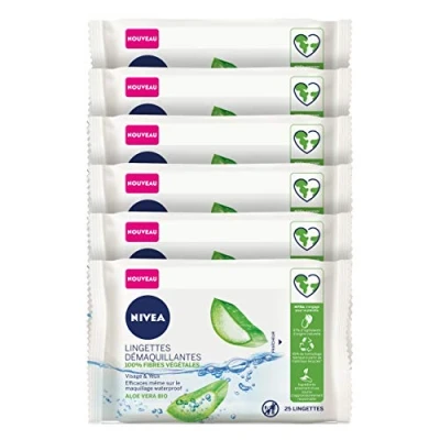 Afbeelding van NIVEA Aloë Vera Make up Remover Doekjes, 100% Plantaardige Vezels (6 x 25 stuks), Gezichtsmake voor alle huidtypes, biologisch afbreekbare reinigingsdoekjes, 150 stuks