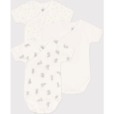 Afbeelding van Petit Bateau Set van 3 katoenen overslagbody&#039;s met konijntjesprint en korte mouwen Unisex Rompertje Wit;Grijs