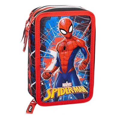 Afbeelding van L&#039;ERBAVOGLIO Origineel etui met 3 ritssluiting en 44 delen, Spiderman (rood/zwart), Pennenhouder voor kinderen