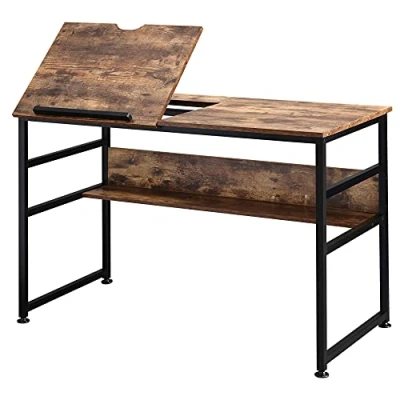 Afbeelding van HOMCOM Tekentafel, kantelbaar, computerbureau, industrieel design, hefblad, plank, spaanplaat, oude look, hout, metaal, zwart