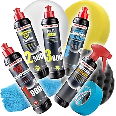 Afbeelding van Detailmate Menzerna Polijstset voor de auto, 250 ml: Super Heavy Cut 1000 + Medium 2500 Final Finish 3000 vloeibare carnaubawas 3 x polijstpads polijstdoek