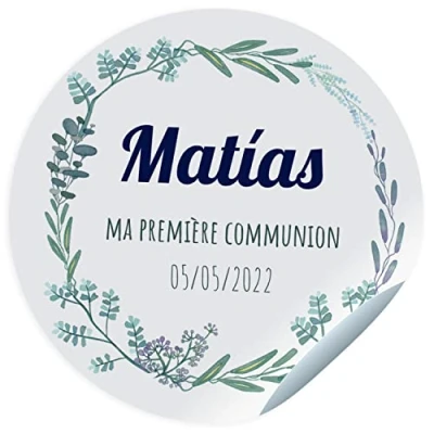 Afbeelding van Zelfklevende etiketten voor communie, personaliseerbaar, met naam en datum de geschenken van je gasten, 45 mm diameter, blauwe tekst
