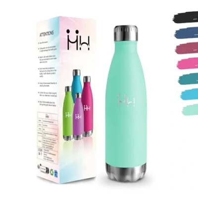 Afbeelding van Gourde 500 ml sans BPA en acier inoxydable 304 Double paroi isolée sous vide Bouteille isotherme pour l&#039;école, les voyages, le jogging, camping Bleu vert Anti fuite