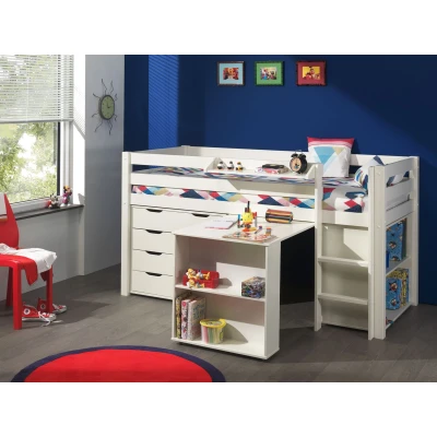 Afbeelding van LUCEVI Pino Halfhoogslaper + Ladder Bureau Boekenkast Commode 4 laden Hangplank Wit 90x200 cm