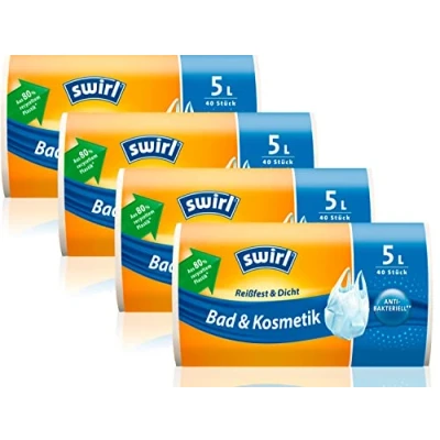 Afbeelding van Swirl Scheurvaste en waterdichte vuilniszakken voor badkamer cosmetica, met draaggreep, 5 liter (4 x 40 zakken), druppelvrij, scheurvast, praktische draaggreep