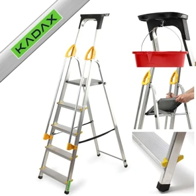Afbeelding van KADAX Aluminium ladder, met leuning, maximale belasting: 150 kg, ladder in 3 uitvoeringen, opvouwbare huistradder, borstelvak, antislipvoeten (5 treden)