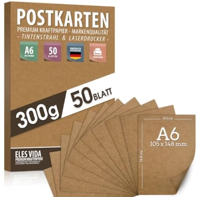 Afbeelding van Ansichtkaarten van kraftpapier om zelf vorm te geven, DIN A6, 300 g, 10,5 x 14,8 cm, natuurkarton, af drukken, karton, knutselen, huwelijksgeschenken, labels, 50 stuks