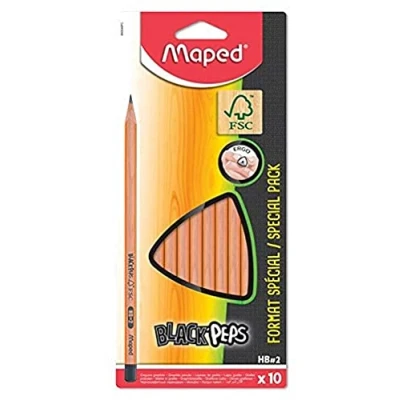 Afbeelding van Maped 10 grafietstiften Black&#039;Peps potloden HB met beschilderde punt ergonomisch en driehoekig houten 100% FSC gecertificeerd