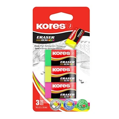 Afbeelding van Kores KE 30: PVC gum met papieren zak voor kinderen, studenten en volwassenen, niet giftig kindvriendelijk, school kantoorbenodigdheden, 40 x 21 10 mm, verpakking van 3 kleuren