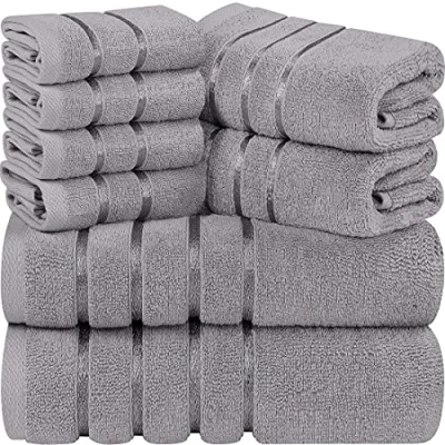 Afbeelding van Utopia Towels Koele Grijze Handdoekenset 8 Stukje, Viscose Streep Handdoeken Ring Gesponnen Katoen Sterk absorberende