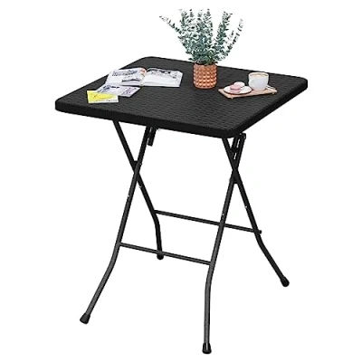 Afbeelding van eSituro Tuintafel, klaptafel 61 x 73 cm, balkontafel, bijzettafel, opvouwbaar, campingtafel, salontafel, buitentafel, terras, rotanlook, zwart SCPT0039
