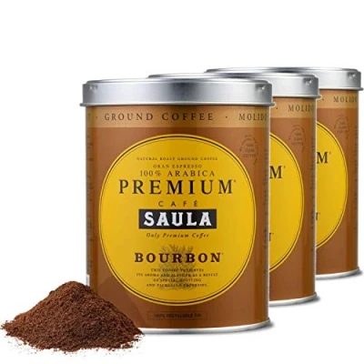 Afbeelding van Café Saula, verpakking met 3 dozen van 250 g. Premium Bourbon koffie 100% gemalen Arabica