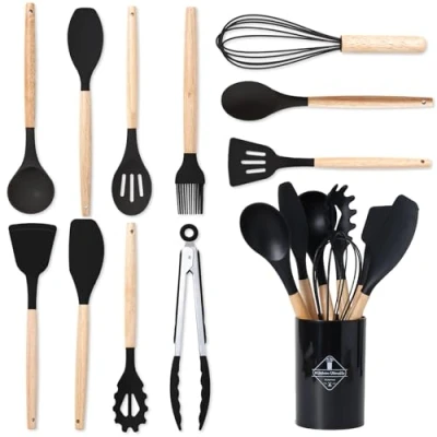 Afbeelding van 12 Delige Set Keukengerei Van Siliconen, Hittebestendig, Antikleef, Met Houten Handvat, Geschikt Voor Alle Pannen En Potten, Keukenaccessoires (Zwart)