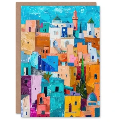Afbeelding van Artery8 Carte d&#039;anniversaire colorée représentant un paysage urbain marocain Peinture à l&#039;huile Pour lui et elle