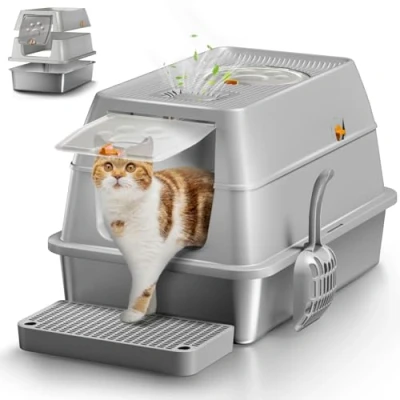 Afbeelding van XXL kattenbakvulling van roestvrij staal, geurloos, met deksel, grote kattenbak gesloten toilet, lekvrij en gemakkelijk te reinigen, grijs