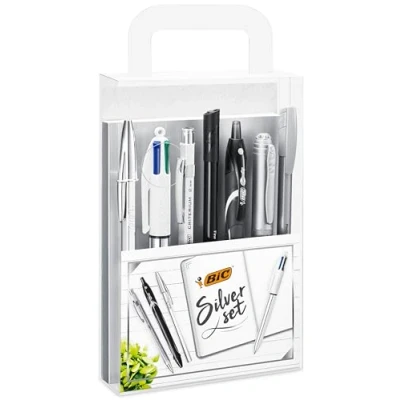 Afbeelding van BIC Zilver schrijfset (1 notitieboek, 2 balpennen, 1 gelpen, rollerbalpen, permanente marker, vulpotlood)