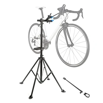 Afbeelding van WilTec Werkplaatsvoet voor fietsen en e bikes 900 x 1230 mm in hoogte verstelbaar 102 178 cm max. capaciteit 30 kg 360 draaibaar montagebeugel fietsreparatie