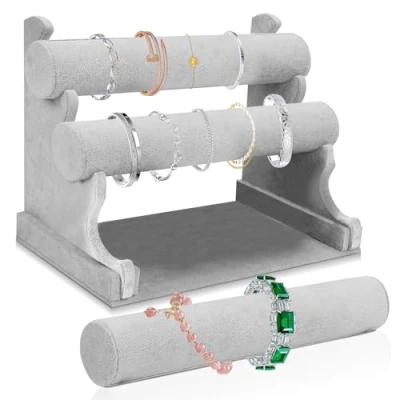 Afbeelding van Sieradenstandaard, fluwelen armbandstandaard met 3 uitneembare etages, display voor armbanden, halskettingen (grijs)