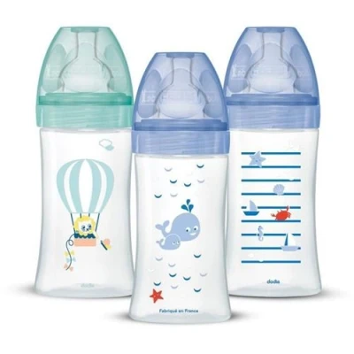 Image de Lot de 3 Biberons Anti Colique Sensation+ 270ml, 0 6 Mois, Tétine Plate, Débit 2 Bleu Mer et Vert Air