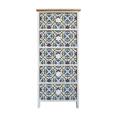 Afbeelding van Rebecca Mobili Badkamermeubel met 5 laden, licht hout, wit, blauw, bedrukt, aardewerk, voor slaapkamer, woonkamer, afmetingen: 93 x 40 30 cm (h b d) art. RE6498