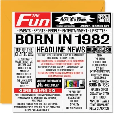 Image de Stuff4 Cartes de 42e anniversaire pour homme et femme Journal Born In 1982 Carte d&#039;anniversaire maman, papa, oncle, tante, vintage, rétro, Back 1982, 145 mm x