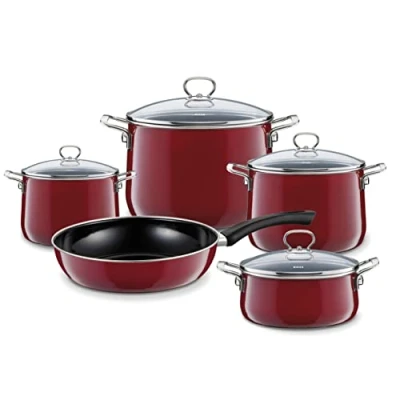 Afbeelding van Riess, 0558 008 Set van 5 geëmailleerde pannen, Rosso extra sterk, bestaande uit: pan met glazen deksel 16, 20, 24 cm, 20 28 cm