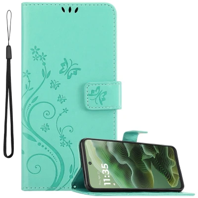 Afbeelding van Cadorabo Hoesje geschikt voor Motorola Moto G35 in BLOEMEN TURKOOIS Beschermhoes bloemmotief met magnetische sluiting, standfunctie en kaartsleuven Book Case Cover Etui