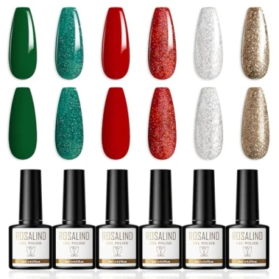 Afbeelding van ROSALIND semi permanente nagellak, 6 kleuren, uv gel, permanent, rood, groen, goud, zilver, soak off, UV/LED, nail art, kerstthema, 8 ml