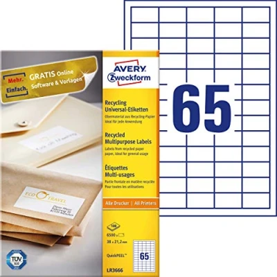 Afbeelding van Etiket Avery Zweckform LR3666 38x21.2mm recycled wit 6500stuks
