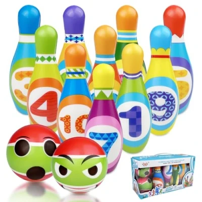 Afbeelding van Chiluxendo Bowlingkegels voor kinderen (12 stuks, 2 jaar, tafelspel, tuinspellen, Montessori spellen, outdoor, grappig en educatief cadeau, kerstcadeaus