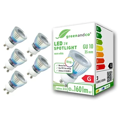 Afbeelding van 5x greenandco® CRI 90+ LED spot vervangt 30W GU10 35mm spot, 3W 160lm 3000K warm wit 50 230V flikkervrij, niet dimbaar