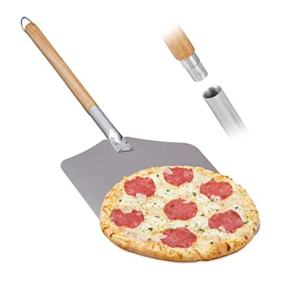 Afbeelding van Relaxdays Pizzaschuiver van aluminium met lange houten handgreep, professionele ovenheffer, 30,5 x cm, natuur/zilver