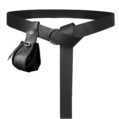 Afbeelding van HiiFeuer Middeleeuwse O ring riem met draagbare zak trekkoord, retro renaissance kunstleer en handtas voor LARP &amp; Ren Faire, Zwart C