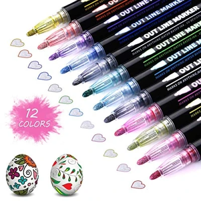 Afbeelding van Vicloon Metalen viltstiften, contourpennen, 12 kleuren magische pen, Magic Marker dubbele contour voor tekenpennen cadeaukaarten, schrijven, schilderen, scrapbooking