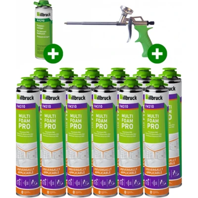 Afbeelding van Illbruck PU schuim FM310 750ml met purpistool en reiniger (Set van 12 bussen)