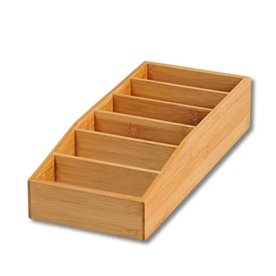 Afbeelding van FSC® Bamboe Houten opbergkist met 6 vakken voor Soep of Saus Zakken Praktische Bv Sauzen, Soep, Specerijen, Kruiden, Bakpoeder etc Bestaande uit in elk vak passen 4 Keuken opberg Kist Afm. 15 x 35 7 Cm.