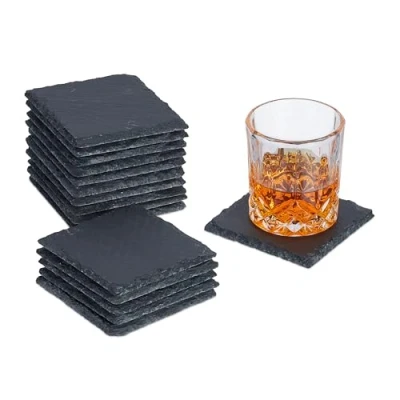 Afbeelding van leisteen onderzetters set van 16 vierkant 10 x cm voor glazen antraciet
