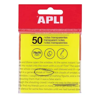 Afbeelding van APLI 19569 transparante zelfklevende notities, 75 x mm, kleur: geel, 50 vellen, waterbestendig, ideaal voor studenten en leraren.
