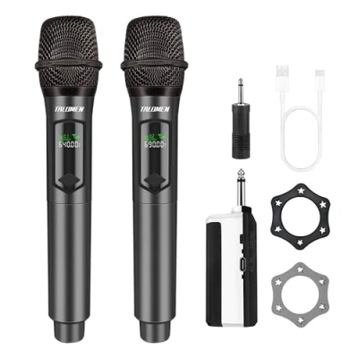 Afbeelding van Talomen, Professionele draadloze microfoon, microfoonsysteem met 2,4 GHz, dynamisch, oplaadbaar, ontvanger, 160 ft buiten, voor karaoke, zangen, feesten, avonden, dj&#039;s, kerken, bruiloften,