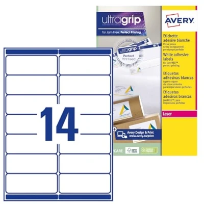 Afbeelding van AVERY 210 zelfklevende witte adreslabels zonder vastlopen Formaat 99,1 x 38,1 mm Laserdruk