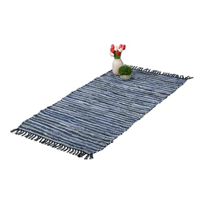 Afbeelding van Relaxdays vloerkleed leder en katoen tapijt antislip chill mat lappen franjes Blauw, 70x140cm