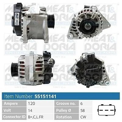 Afbeelding van MEAT &amp; DORIA 55151141 Dynamo / Alternator 14V 120A HYUNDAI: H 1 iLoad Cargo, KIA: Sportage III