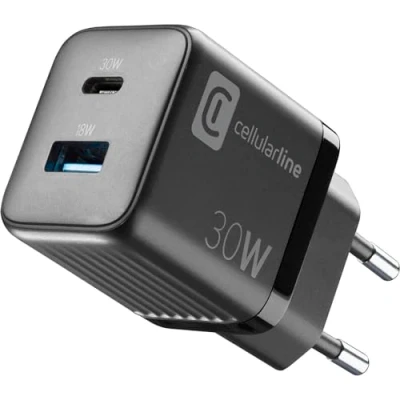 Afbeelding van Cellularline Multipower Micro oplader, Super Fast Charger 30 W met 2 USB C poorten, uitgerust Gan technologie, compatibel smartphone, iPhone, tablet, iPad en MacBook