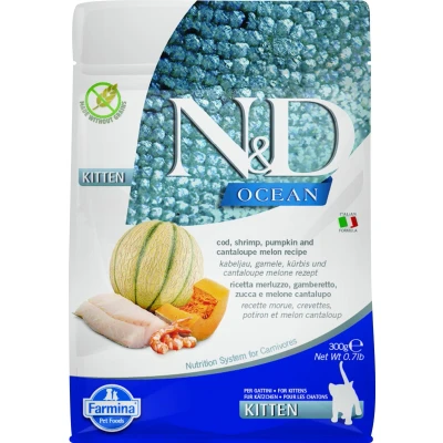 Afbeelding van Farmina N&amp;D Kat Ocean Kabeljauw, Garnalen, Pompoen &amp; Meloen Kitten 300 gram