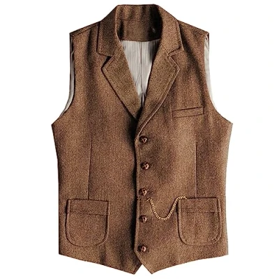 Afbeelding van Tuikayoo Western Herringbone tweed vest voor heren, slim fit, bruin, S