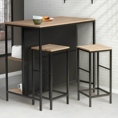 Afbeelding van Ensemble table de bar îlot DETROIT et 2 tabourets design industriel