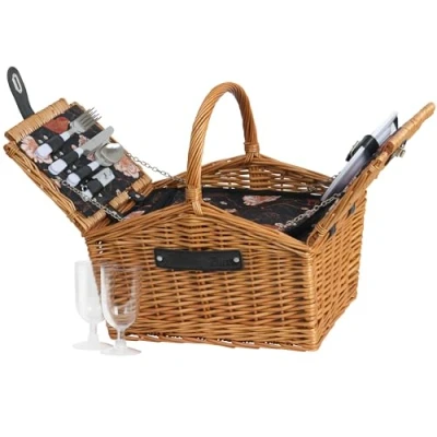 Afbeelding van CampFeuer Picknickmand voor 2 personen, serviesset en koelvak, 12 delig, rieten mand met riem van kunstleer, picknicktas, complete set, bruin
