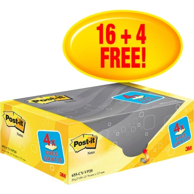 Afbeelding van Post it Notes, 100 Vel, Ft 76 X 127 Mm, Geel, Pak Van 16 Blokken + 4 Gratis Memoblok
