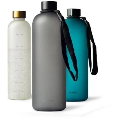Afbeelding van MAMEIDO Waterfles 1,5l &amp; 1l Koolstofgrijs Plastic Design met Motivatie Tijd Markering, BPA vrij Waterdichte Sportfles voor Gymnastiek